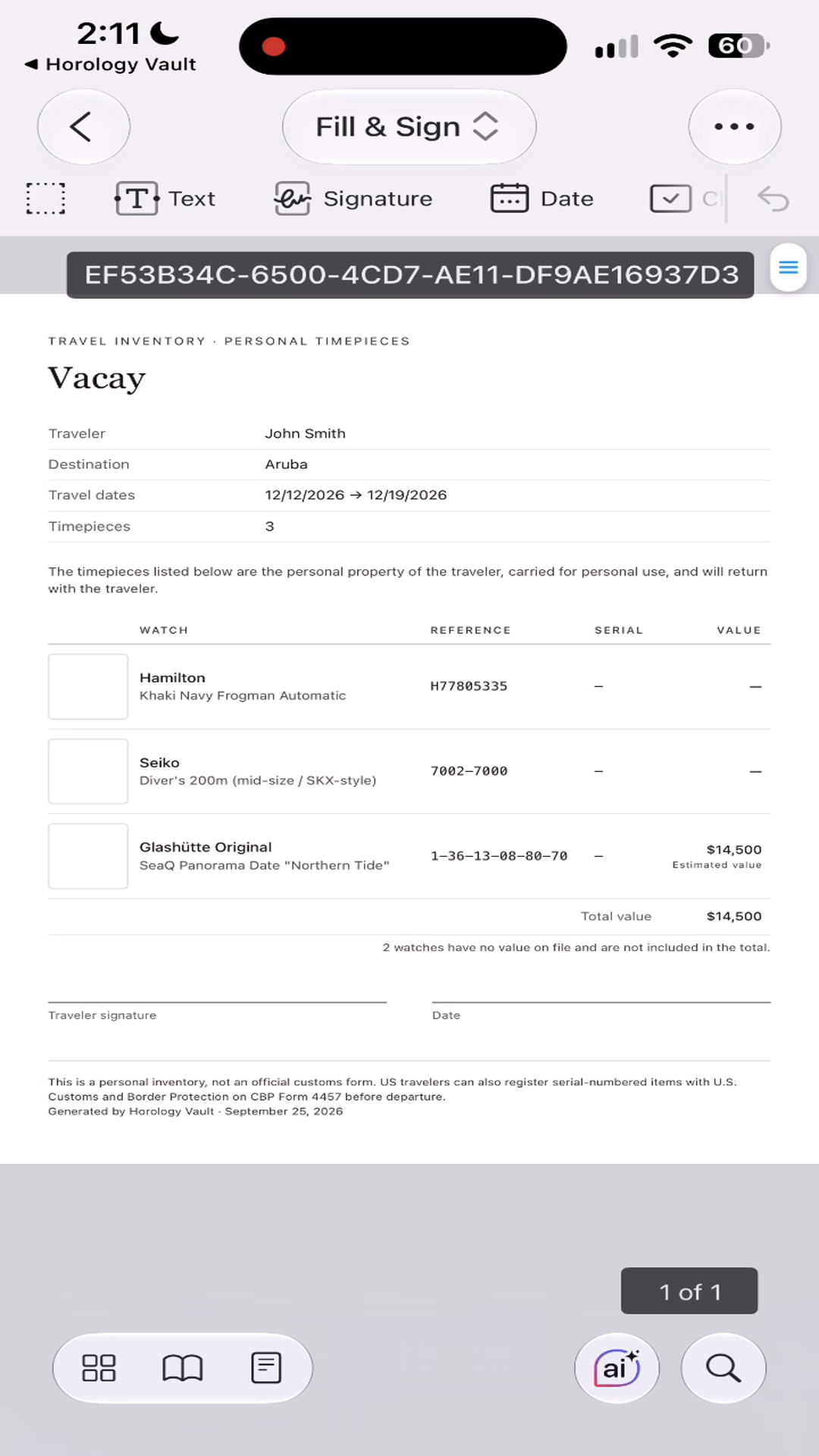 Travel inventory document